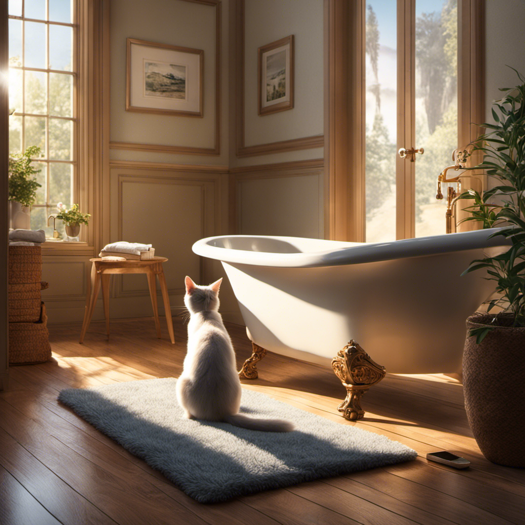An image featuring a cozy bathroom scene: a serene, sunlit room with a cat perched contently on a fluffy bath mat, patiently waiting at the feet of its owner seated on the toilet
