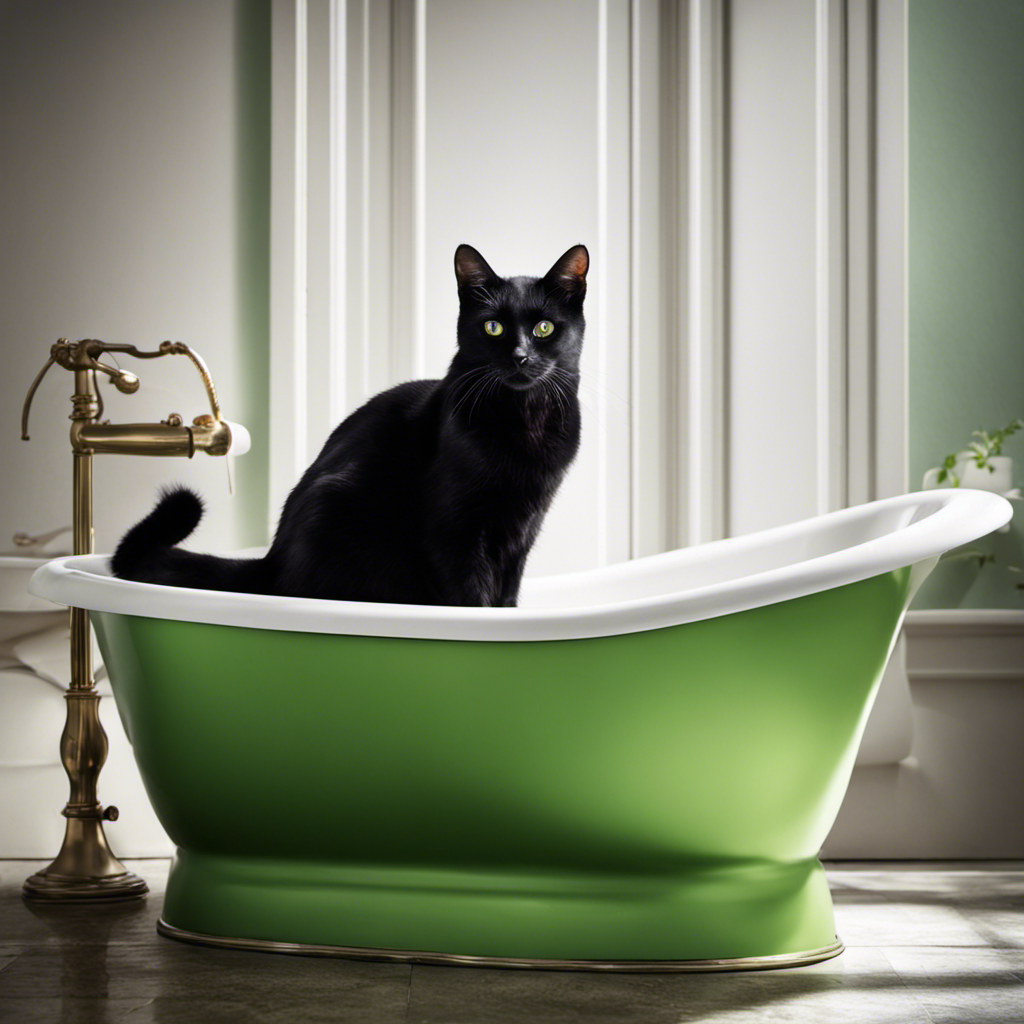 E of a curious black cat perched on the edge of a pristine white bathtub, its bright green eyes wide with intrigue as it lets out a soft meow, capturing the mysterious fascination with feline bathroom behavior
