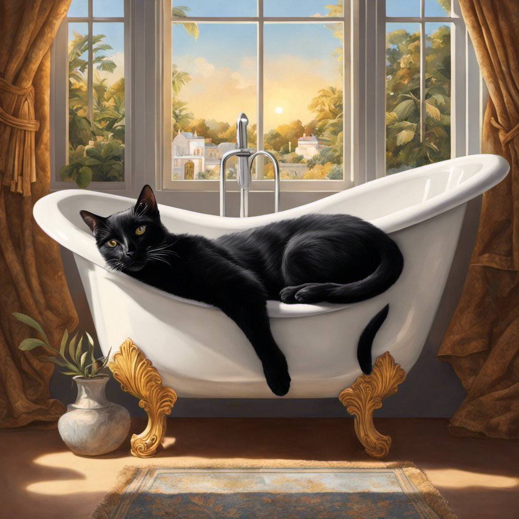 the enigmatic allure of feline slumber with an image showcasing a sleek black cat, nestled cozily in a pristine white bathtub, basking in the soft glow of morning sunlight streaming through a nearby window