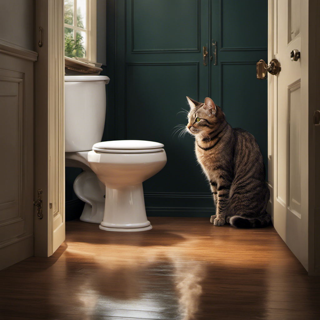 An image of a curious cat, with its nose inches away from the toilet bowl, as steam rises from the water, capturing the intriguing moment when it investigates the lingering scent after you've used the toilet