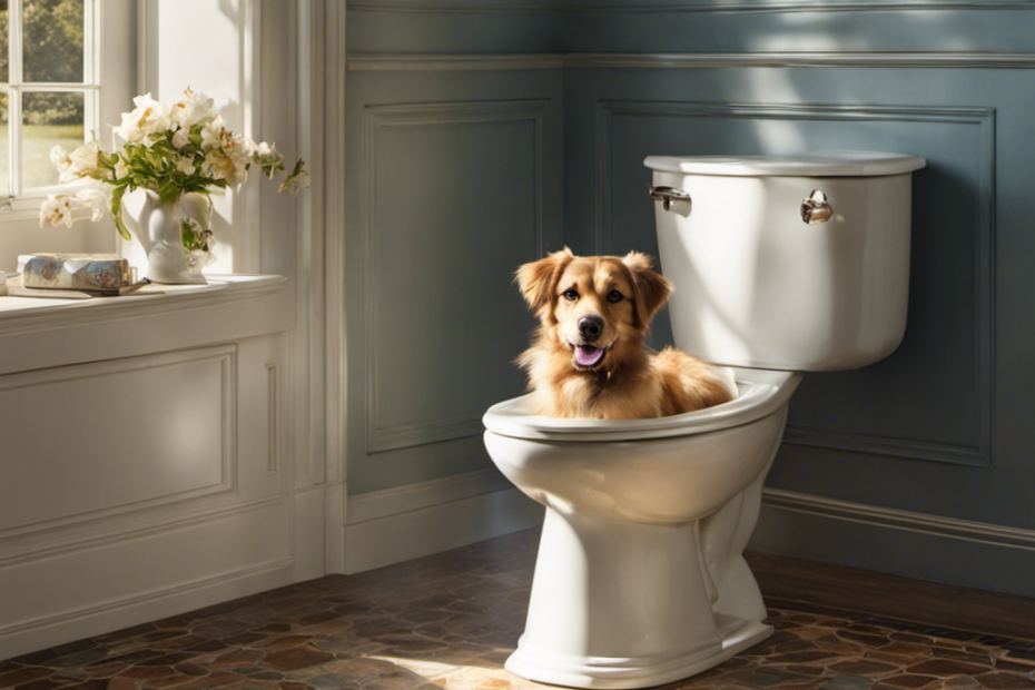 An image capturing a curious dog, head cocked to the side, peering into a sparkling porcelain toilet bowl