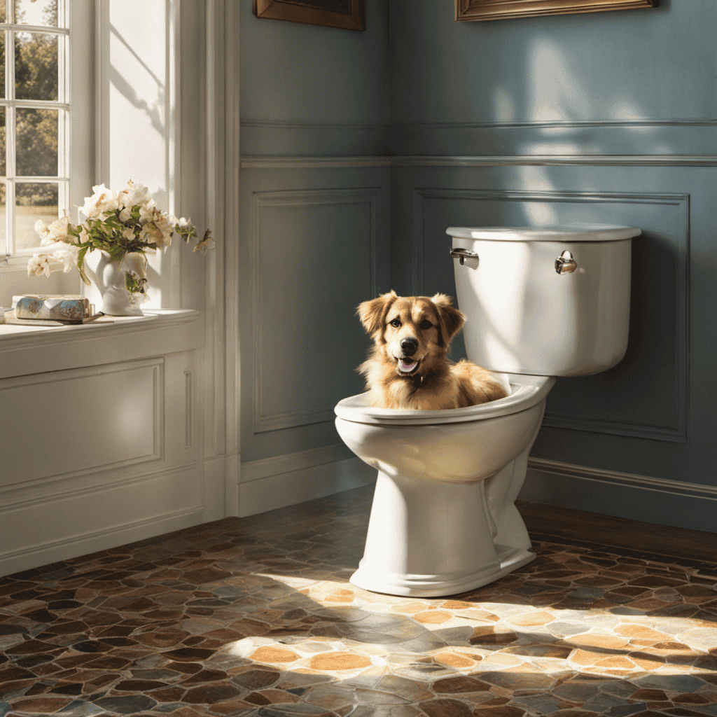An image capturing a curious dog, head cocked to the side, peering into a sparkling porcelain toilet bowl