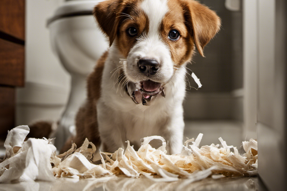 An image capturing a mischievous dog's misadventure: a curious pup with a trail of shredded, dirty toilet paper hanging from its mouth, surrounded by a disheveled bathroom, showcasing its peculiar fascination with this unorthodox snack
