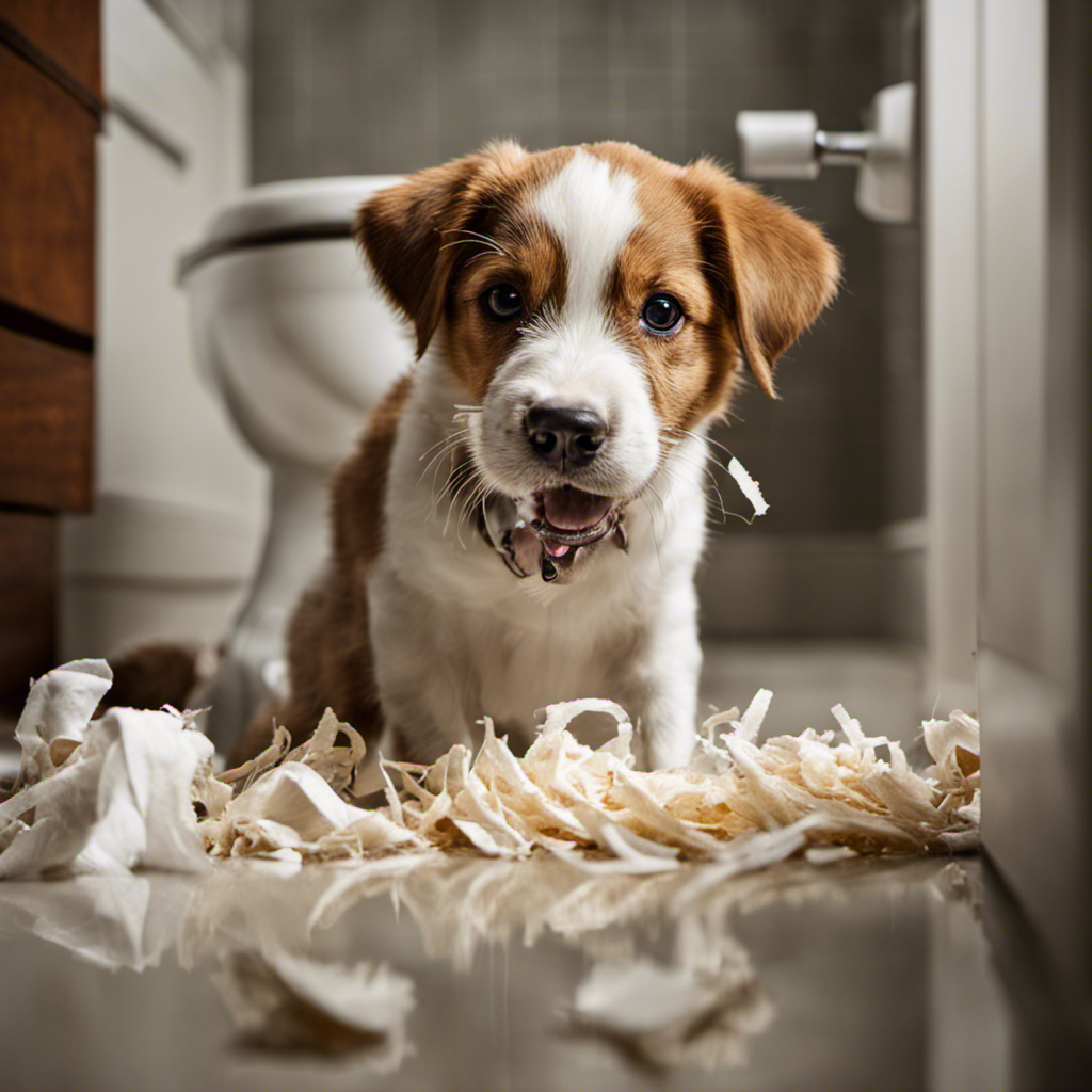 An image capturing a mischievous dog's misadventure: a curious pup with a trail of shredded, dirty toilet paper hanging from its mouth, surrounded by a disheveled bathroom, showcasing its peculiar fascination with this unorthodox snack