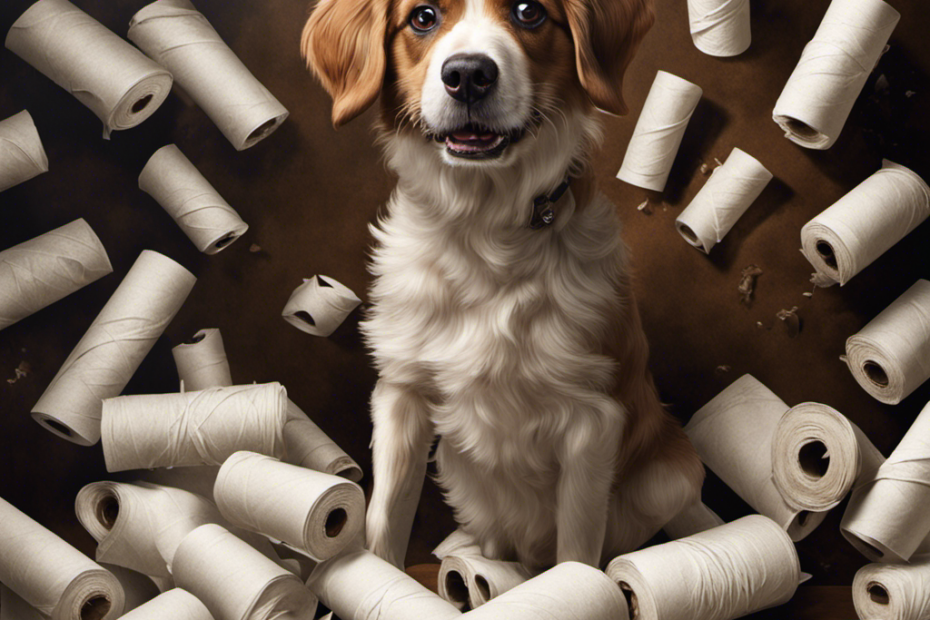 An image capturing a mischievous dog surrounded by torn toilet paper rolls, smeared with poop, as it eagerly chews on a piece, showcasing the perplexing behavior of this canine fascination