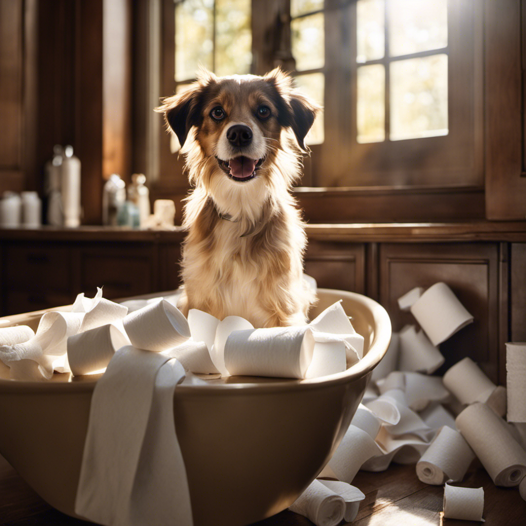 An image capturing a mischievous dog perched on a bathroom counter, surrounded by a torn roll of used toilet paper