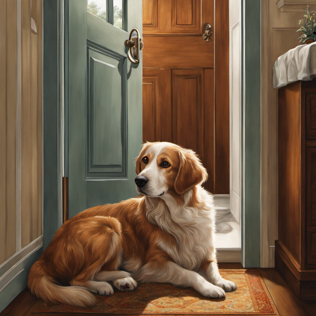An image that captures the bond between humans and dogs by illustrating a loyal furry friend waiting patiently outside a bathroom door, ears perked up, eyes filled with unwavering adoration and curiosity
