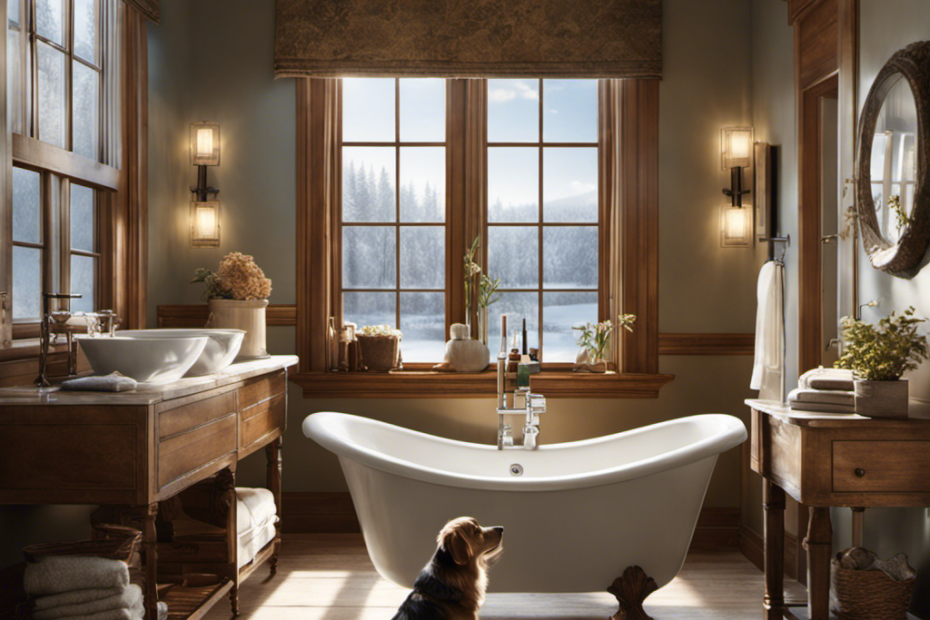 An image capturing a serene bathroom scene: a content canine, with his soft fur glistening in sunlight streaming through a frosted window, comfortably nestled in an empty bathtub, curious eyes fixed on the world outside