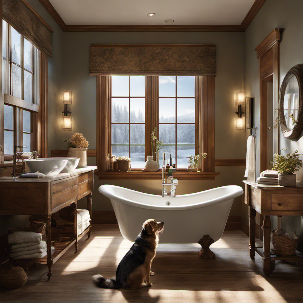 An image capturing a serene bathroom scene: a content canine, with his soft fur glistening in sunlight streaming through a frosted window, comfortably nestled in an empty bathtub, curious eyes fixed on the world outside