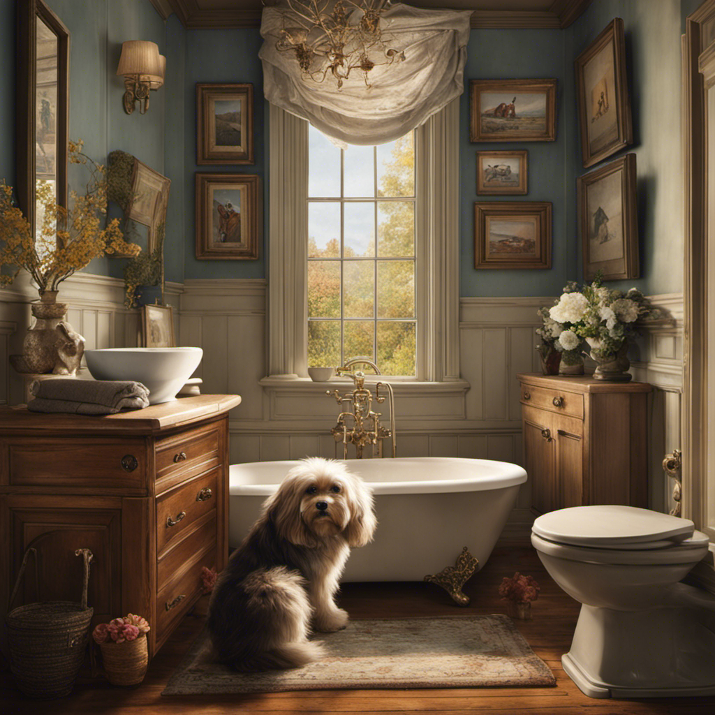 An image capturing a cozy bathroom scene: A puzzled owner sits on the toilet, with their furry friend nestled affectionately beside them, gazing up at them with curious, adoring eyes