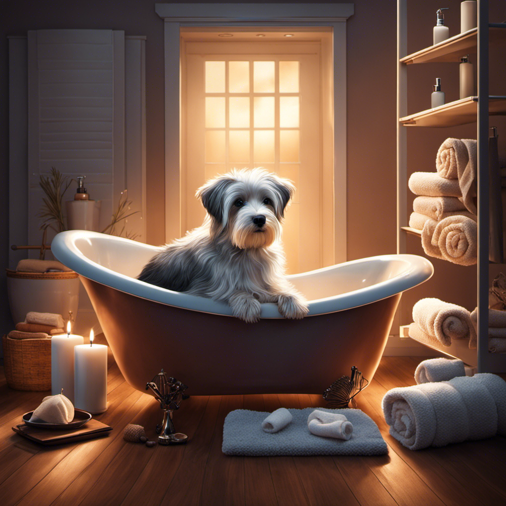 An image showcasing a cozy, dimly lit bathroom with a fluffy dog comfortably curled up on a plush bath mat, peacefully snoozing amidst fluffy towels and bath products, inviting readers to explore the peculiar habit of dogs sleeping in bathtubs