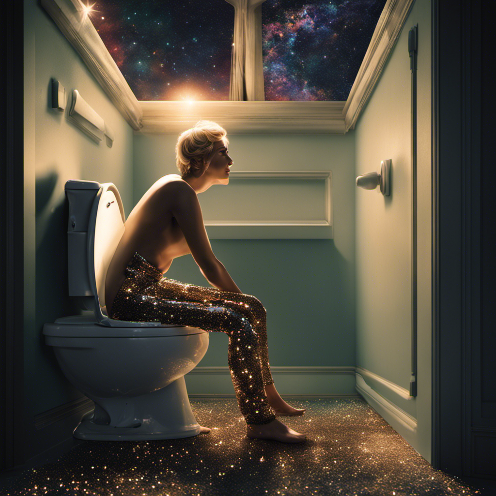 An image showcasing a person seated on a toilet, their leg bent at an awkward angle, with a vividly depicted sensation of tingling and numbness spreading down their leg, accompanied by animated sparkles and a puzzled expression on their face