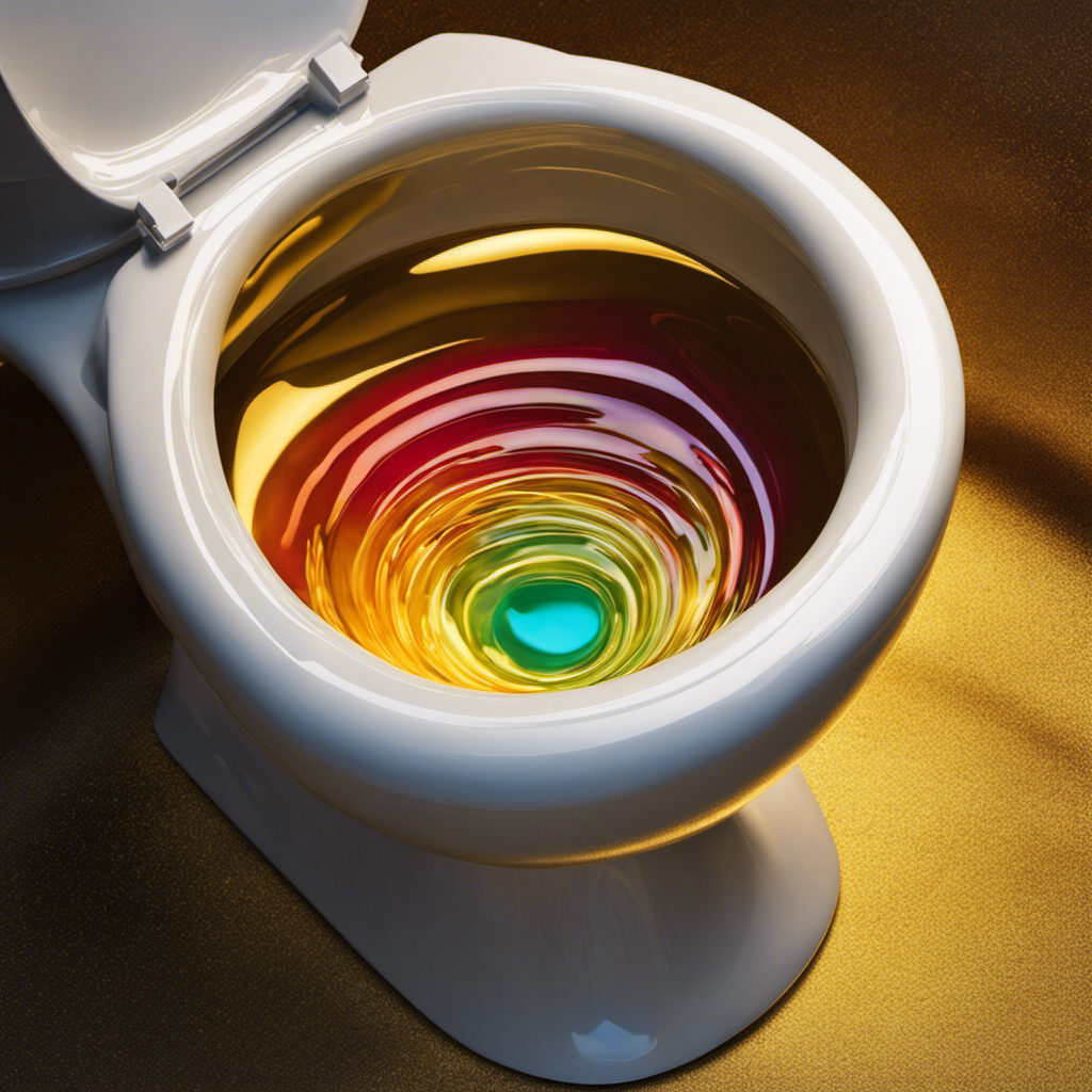 An image showcasing a porcelain toilet bowl with shimmering, rainbow-colored liquid resembling oil floating atop golden-hued urine