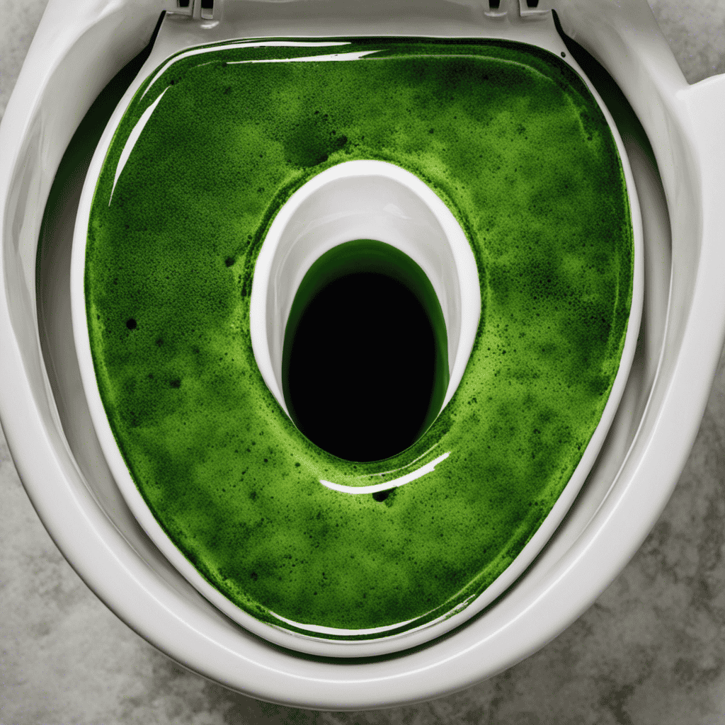 An image showcasing a close-up of a toilet bowl with visible black and green mold spots