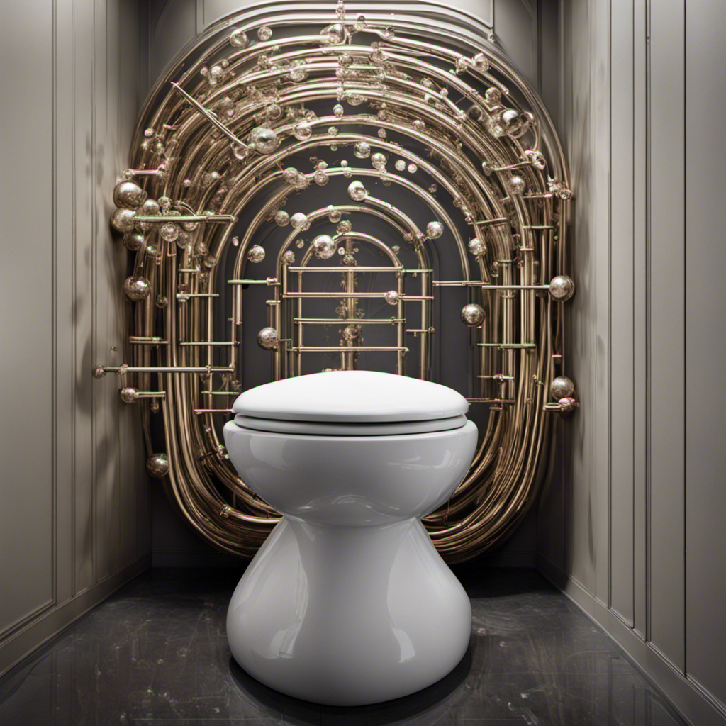 An image that captures the moment when a toilet flushes, showcasing the intricate network of pipes beneath, as bubbles rise, illustrating the fascinating phenomenon of why toilets bubble