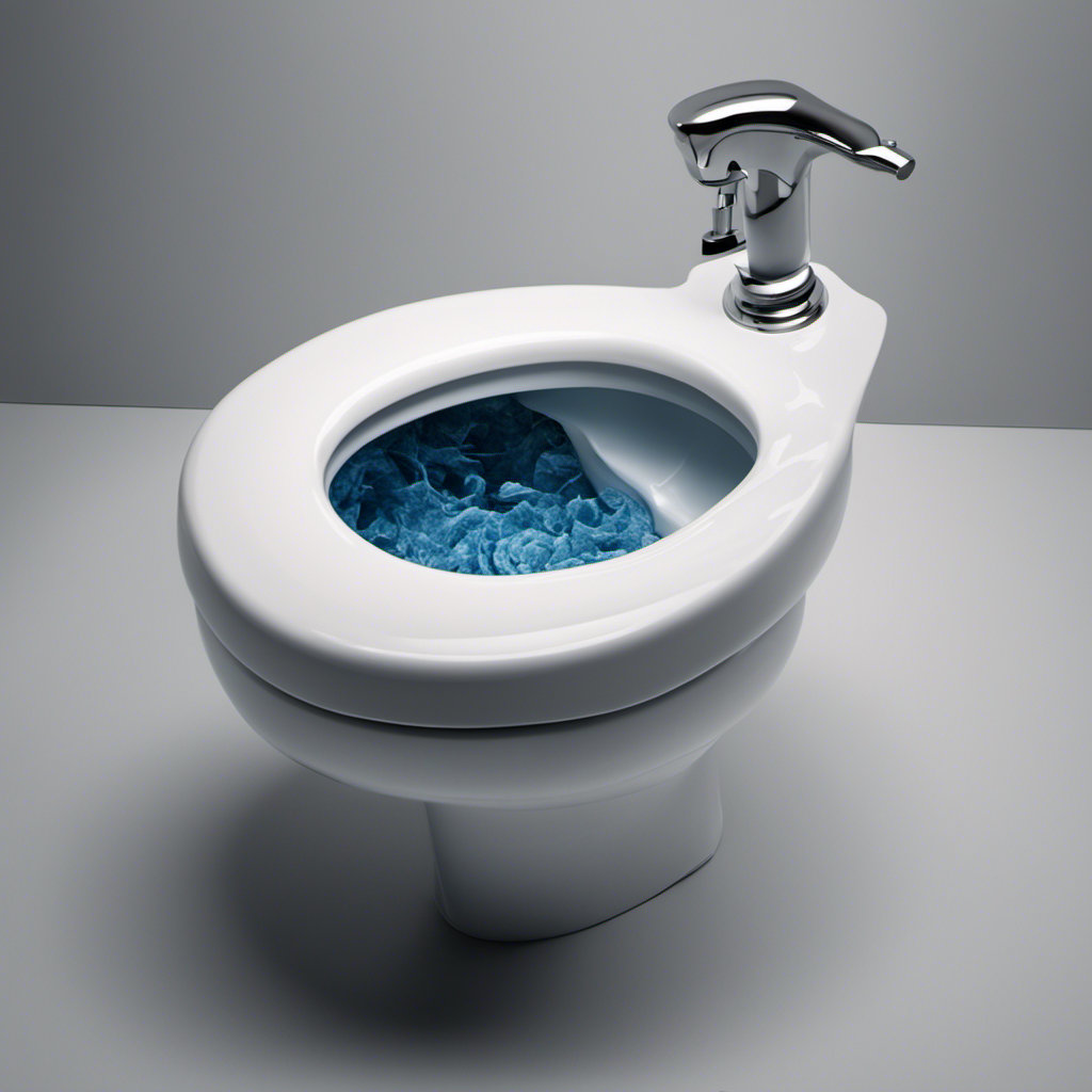 An image depicting a close-up view of a toilet bowl filled with water, showing a clogged drain partially obstructed by toilet paper, causing a slow flush