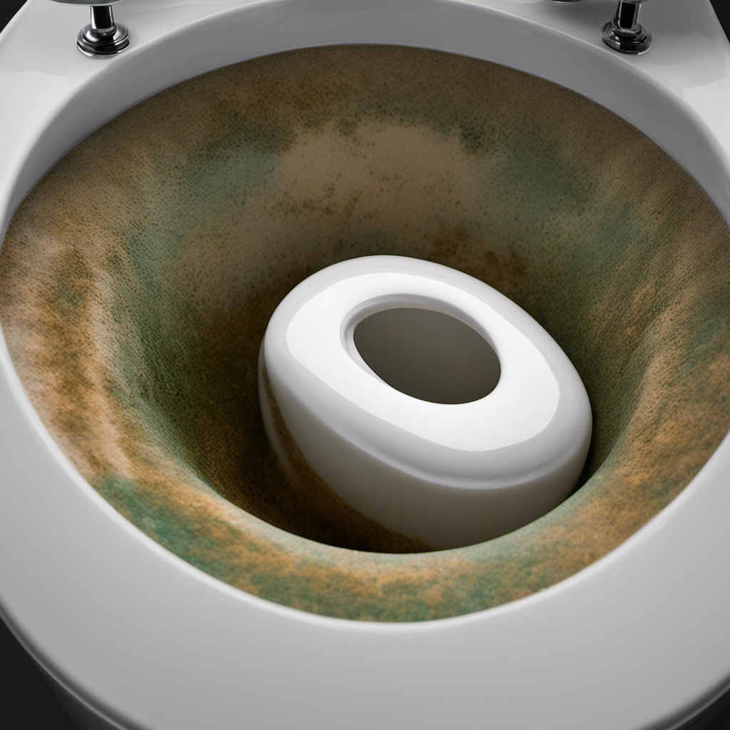An image featuring a close-up view of a toilet bowl with a noticeable ring of grime and mineral deposits forming near the waterline