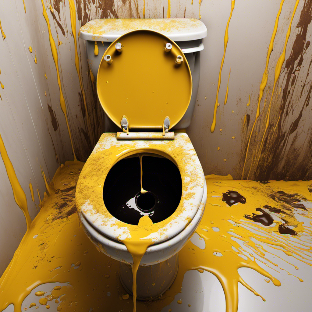 An image of a grimy toilet bowl covered in streaks of yellow and brown stains, surrounded by splatters of dirty water