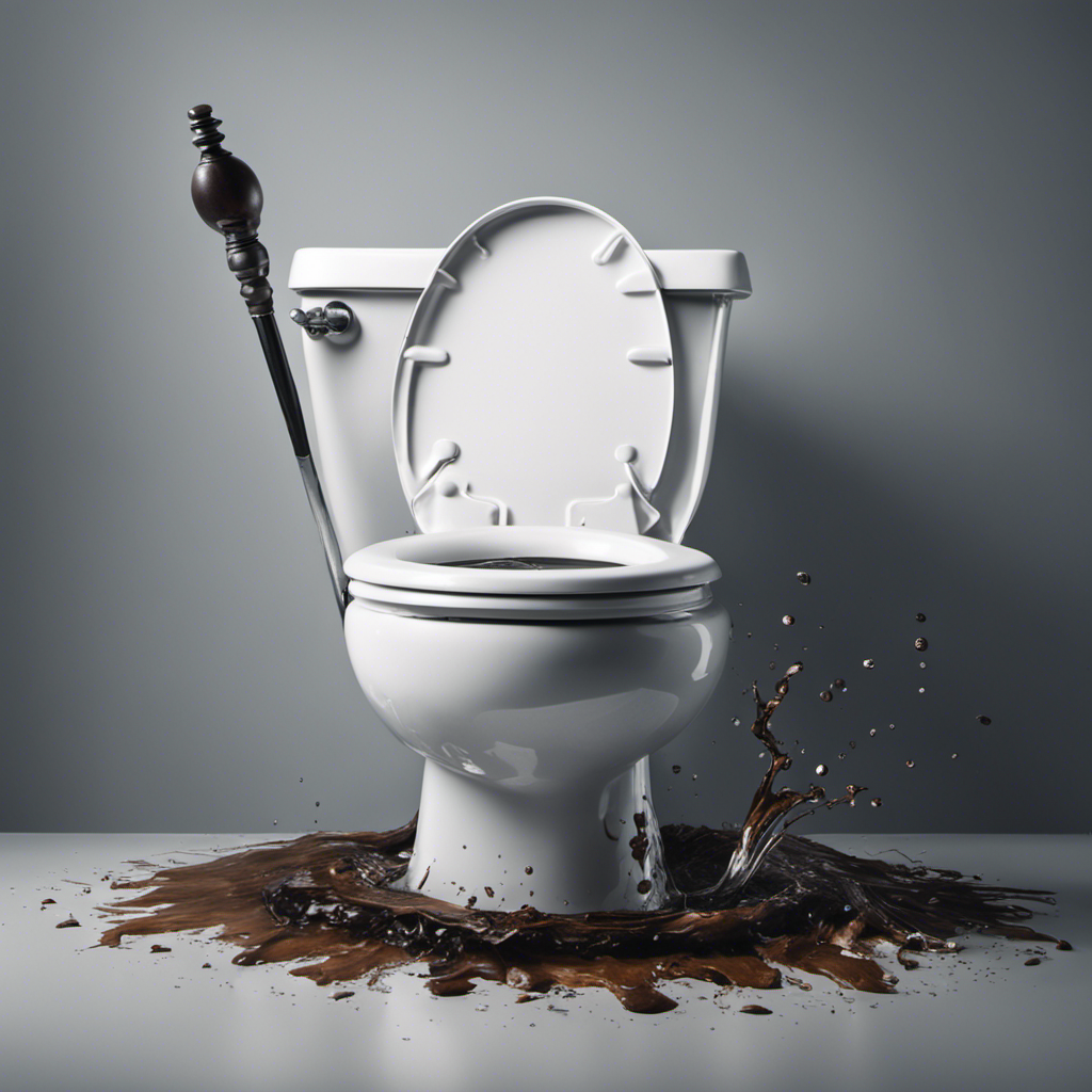 An image showing a close-up of a toilet bowl with water slowly swirling and debris not fully being flushed away, while a hand holds a plunger nearby, suggesting a weak flush