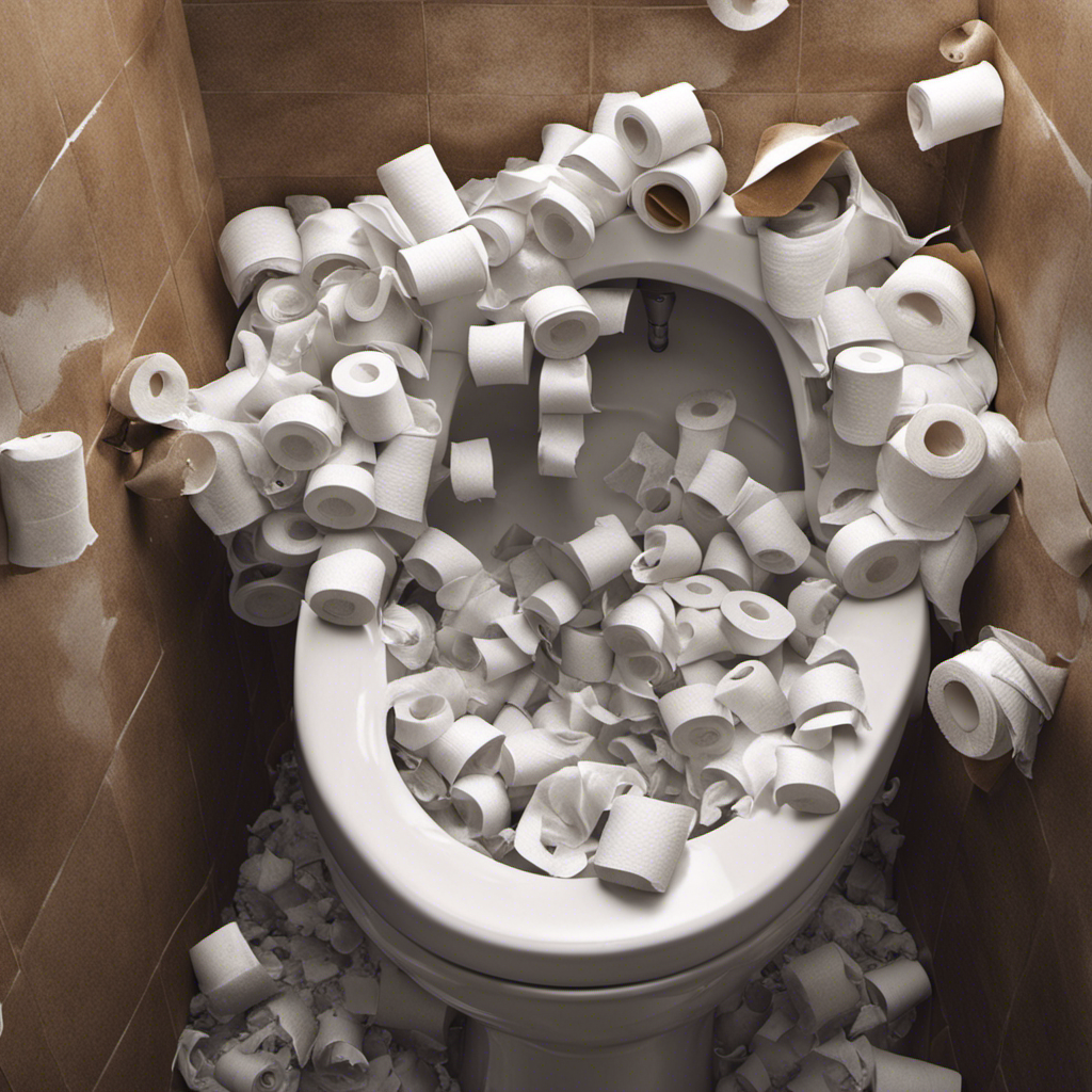 E showcasing a plumber's hand reaching into a clogged toilet, pulling out a mass of tangled toilet paper and other debris, with water overflowing onto the bathroom floor