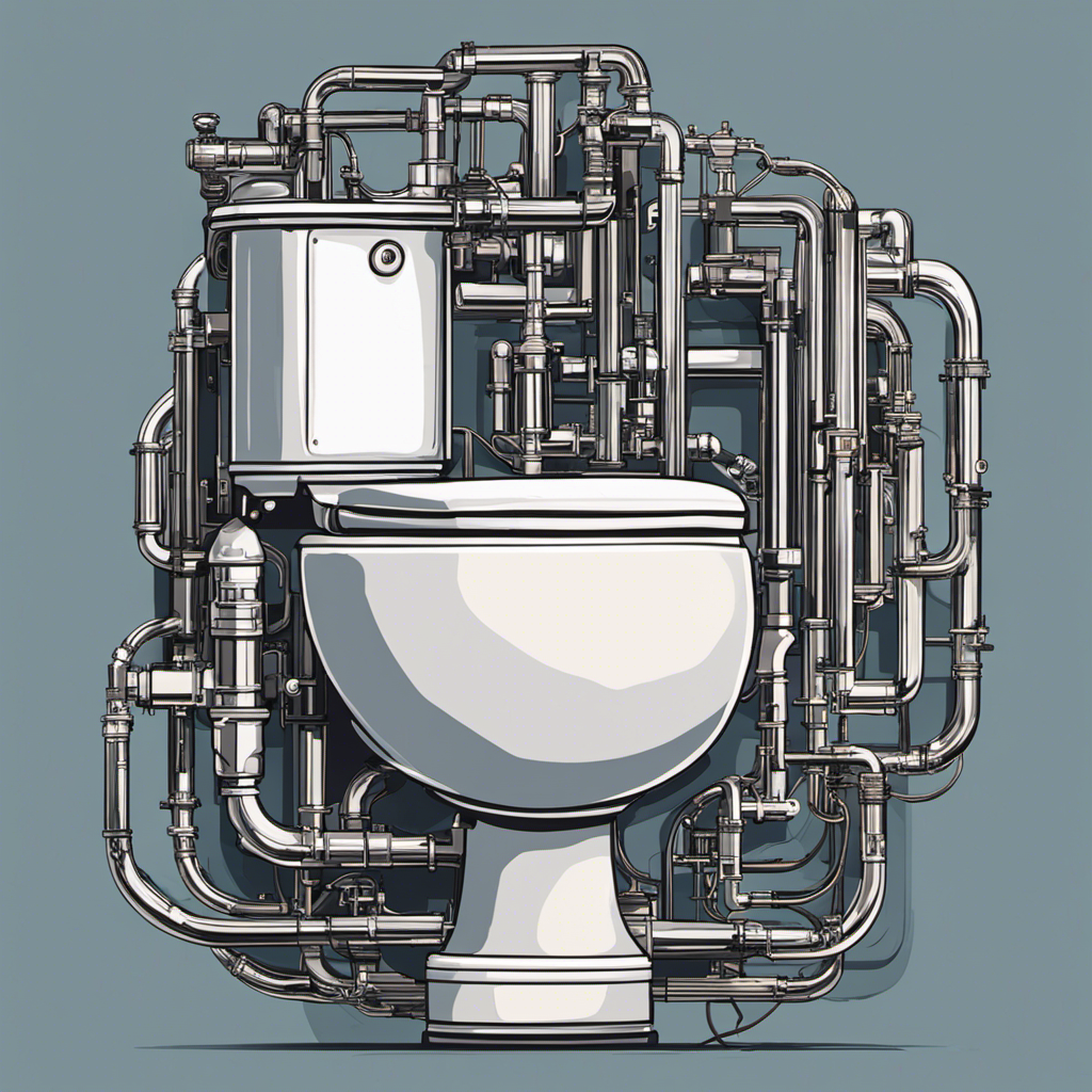 An image showcasing a close-up view of a toilet tank with water flowing forcefully into the bowl, surrounded by a network of interconnected pipes, valves, and a flapper, illustrating the intricate mechanics that keep a toilet flushing