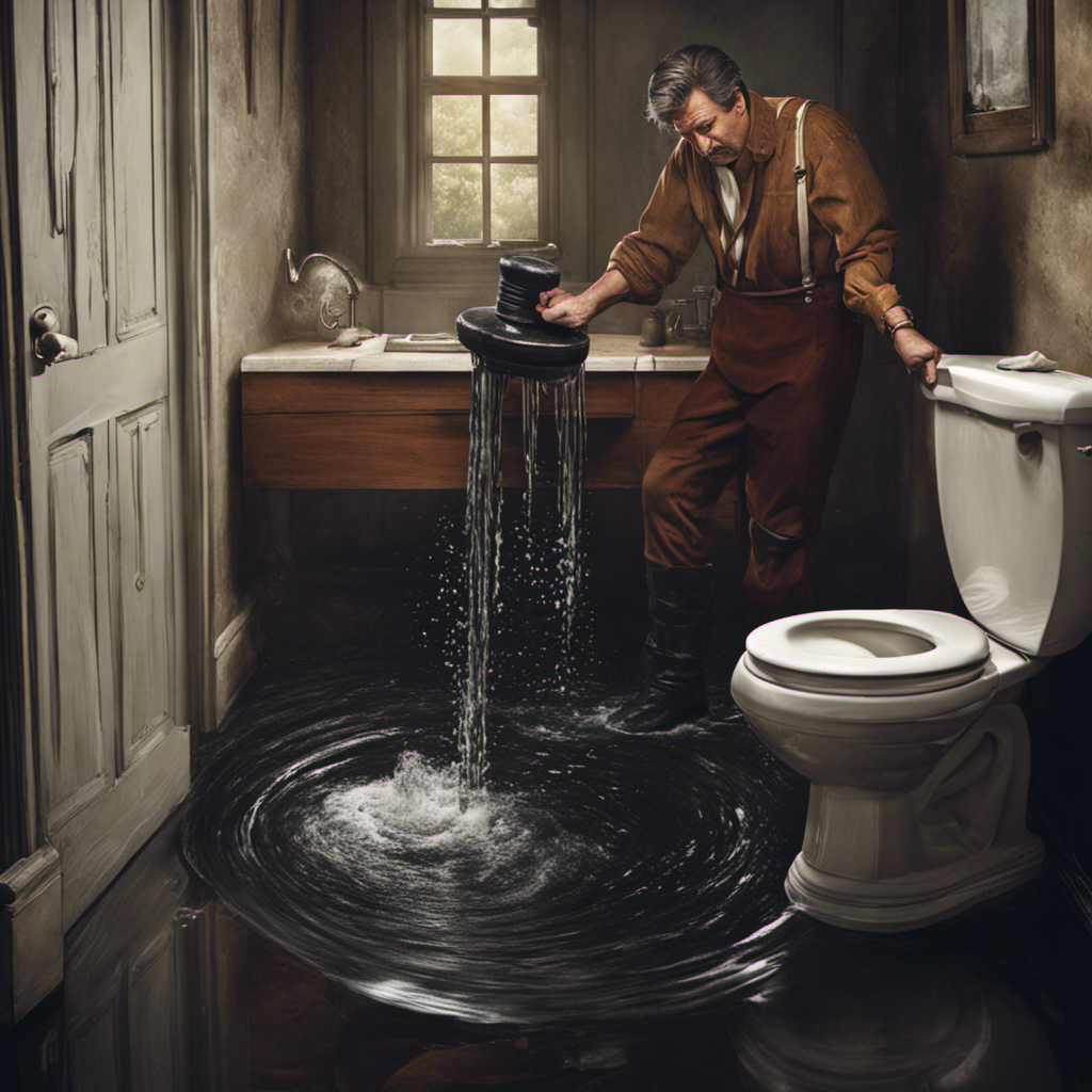 An image showcasing a frustrated individual holding a plunger while water cascades from an overflowing toilet