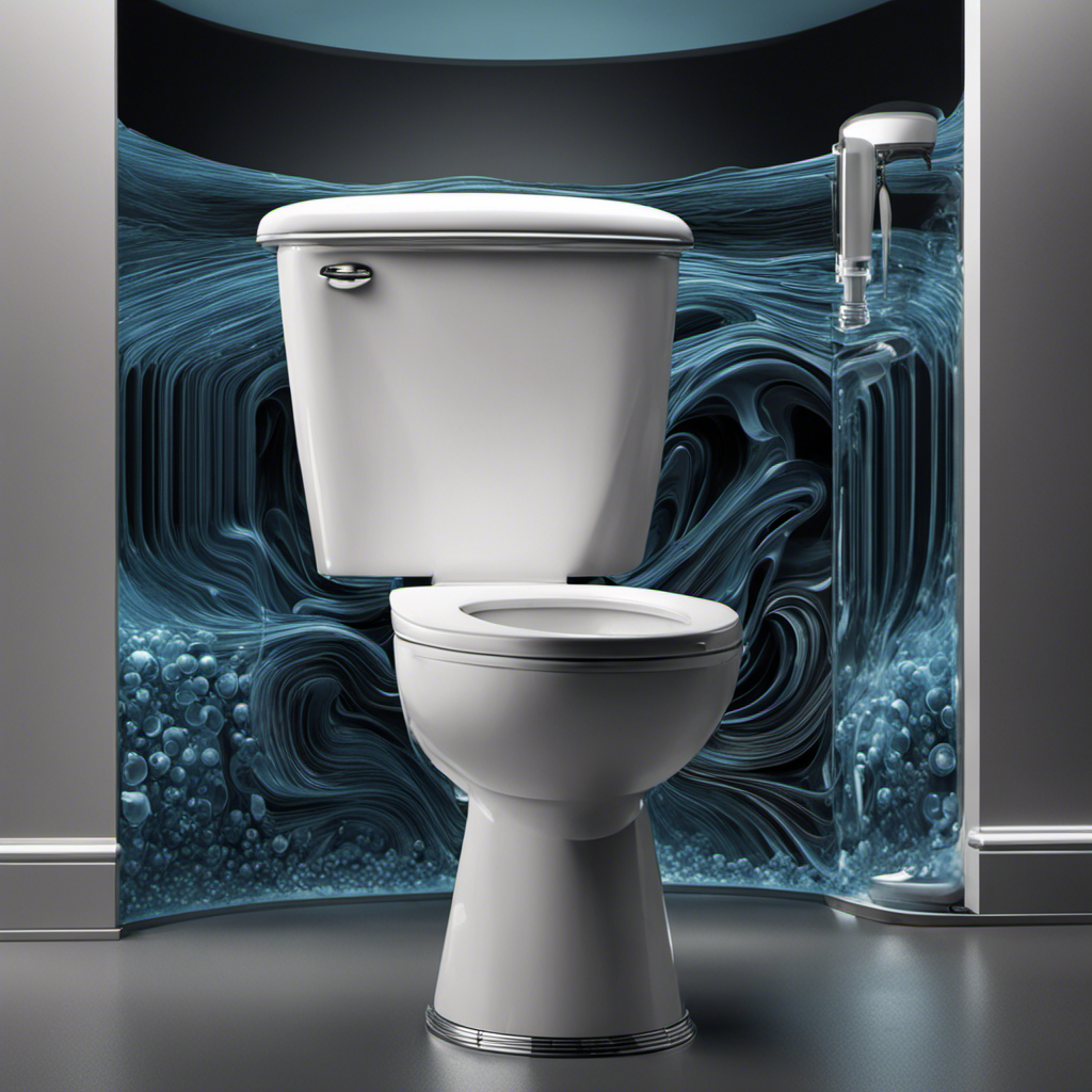 An image that depicts a close-up view of a toilet tank with water flowing down from the fill valve into the tank, capturing the intricate mechanism within, while an animated sound wave symbolizes the high-pitched noise emitted