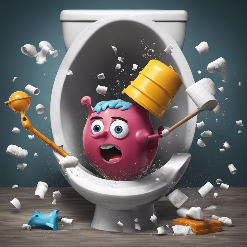 An image showcasing a frustrated person standing in front of a clogged toilet, holding a plunger with a puzzled expression