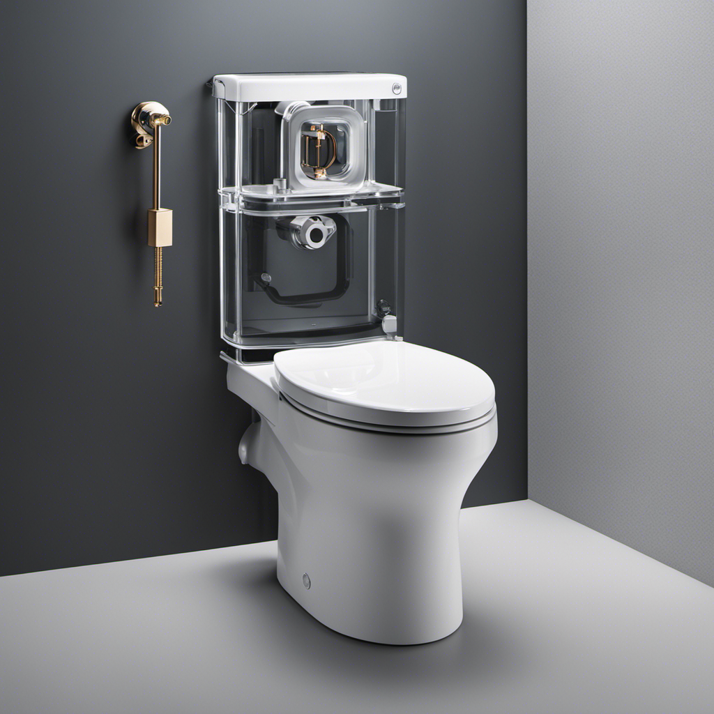 An image showcasing a toilet with a transparent tank, revealing its inner mechanisms