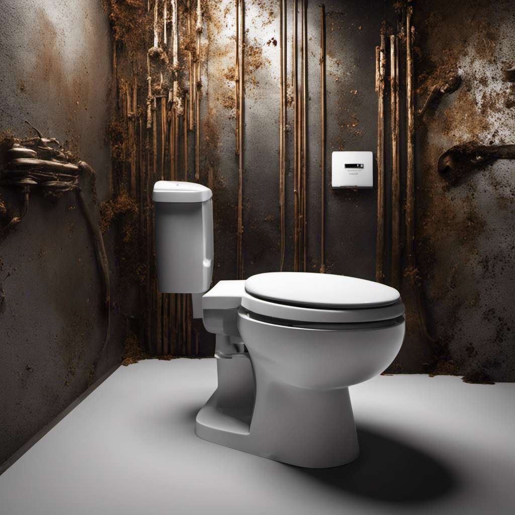 An image of a toilet with a strong, unpleasant sewage odor emanating from it, accompanied by visible signs of corrosion and rust on the pipes, indicating an urgent need for professional attention