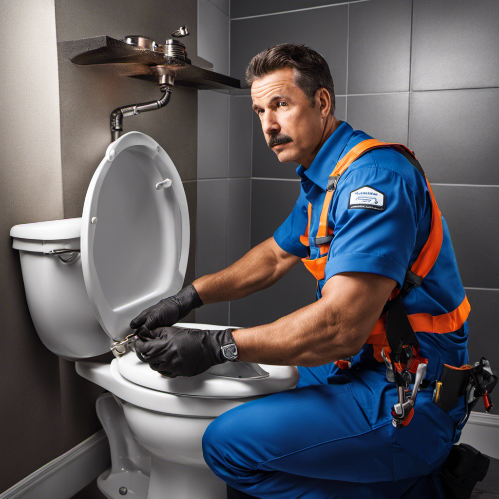 An image featuring a professional plumber wearing a uniform, inspecting a toilet with a concerned expression