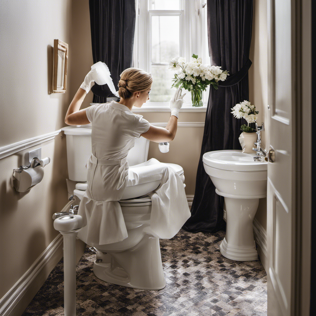 An image showcasing a woman pouring bleach down her toilet bowl, while wearing rubber gloves
