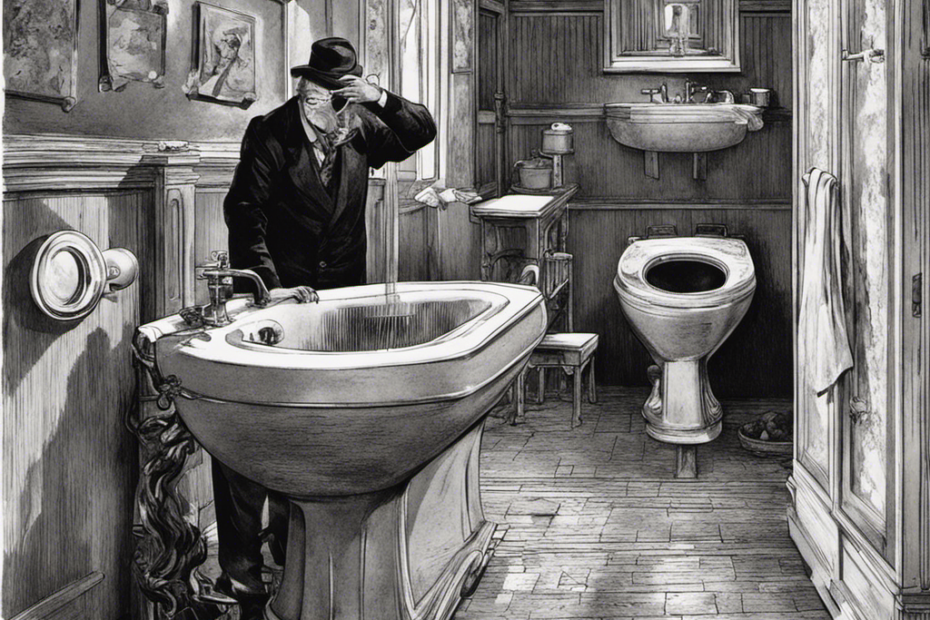 An image depicting a bathroom scene with a toilet emitting a strong odor, surrounded by visible sewage gases, while a concerned person holds their nose and gestures towards the source of the smell