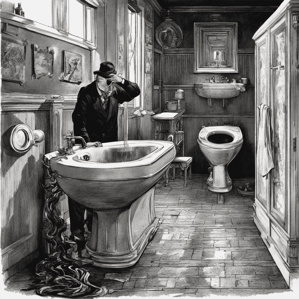An image depicting a bathroom scene with a toilet emitting a strong odor, surrounded by visible sewage gases, while a concerned person holds their nose and gestures towards the source of the smell
