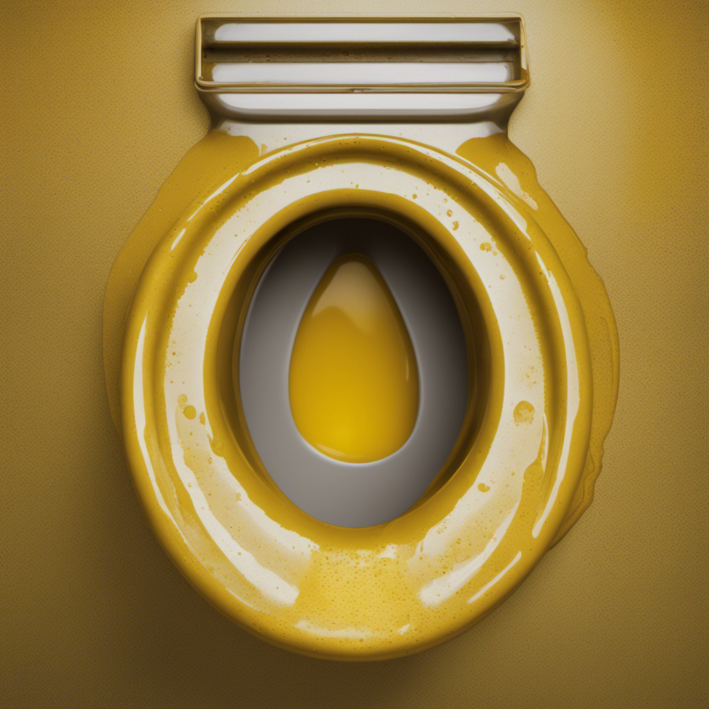 An image showcasing a close-up view of a toilet bowl with yellowish stains, emitting a pungent odor