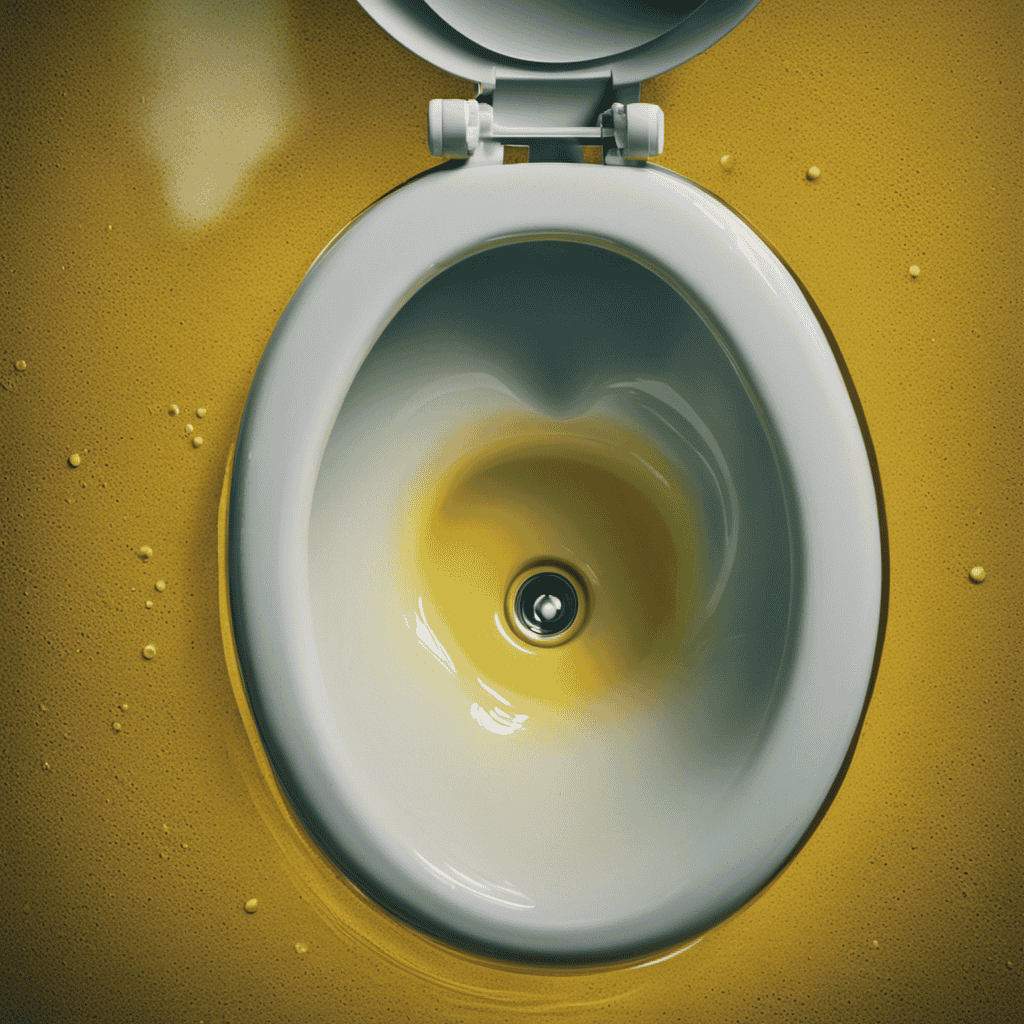 An image showing a close-up of a toilet bowl with yellowish stains and a faint, unpleasant odor emanating from it