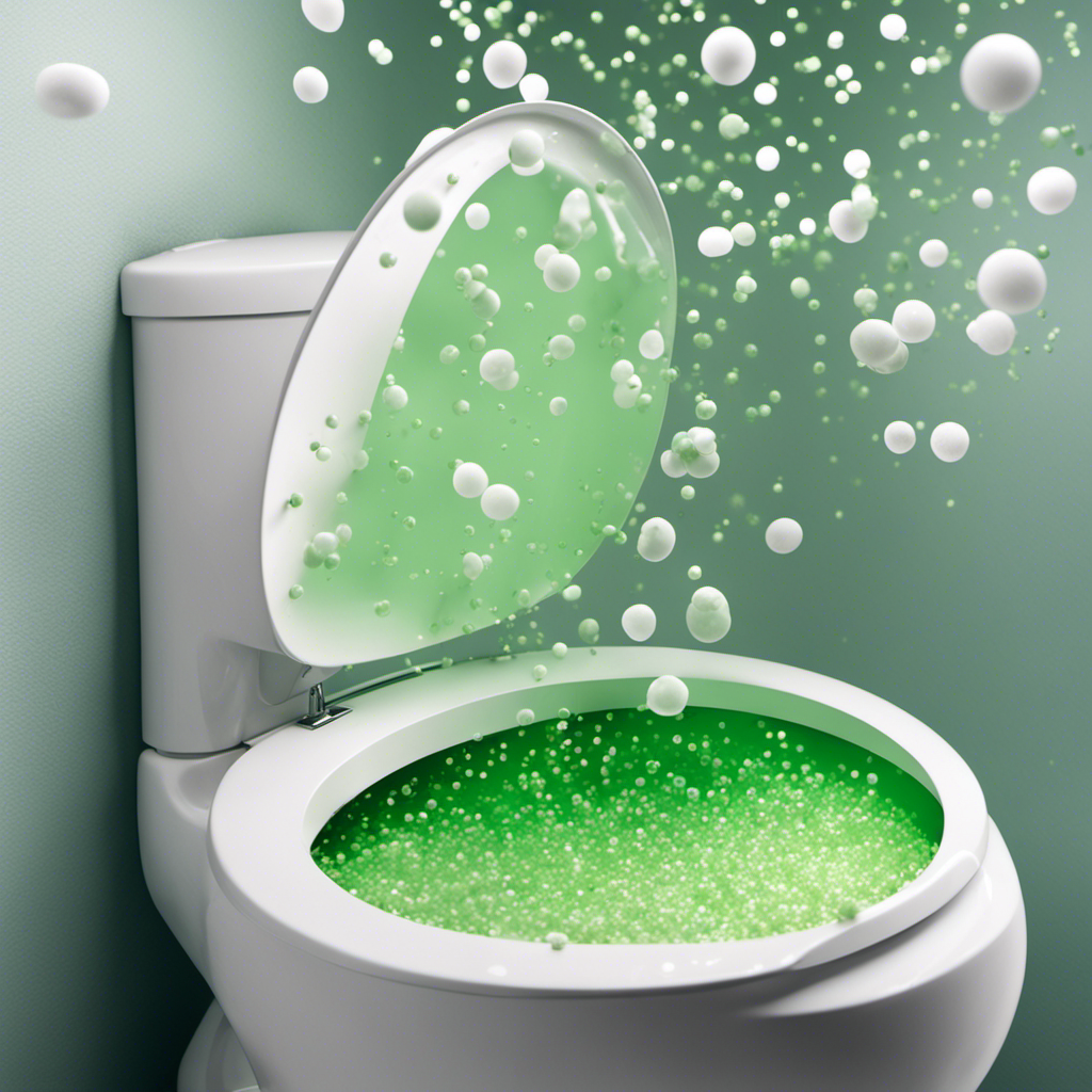 An image showcasing a close-up view of a sparkling white toilet bowl, emitting a repugnant odor