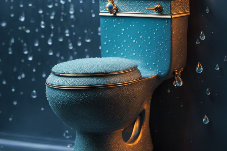 An image showcasing a toilet tank covered in droplets of condensation, glistening in the warm bathroom light