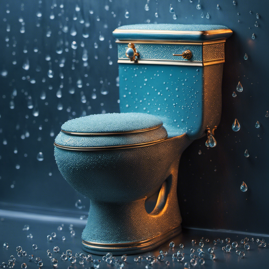 An image showcasing a toilet tank covered in droplets of condensation, glistening in the warm bathroom light
