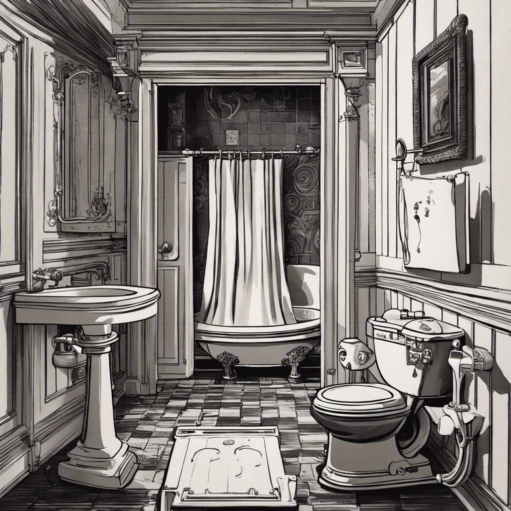An image showcasing a bathroom scene with a toilet in the foreground