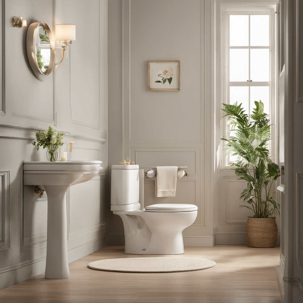 An image depicting a serene bathroom setting, with a person sitting on a toilet seat, showing a relieved expression