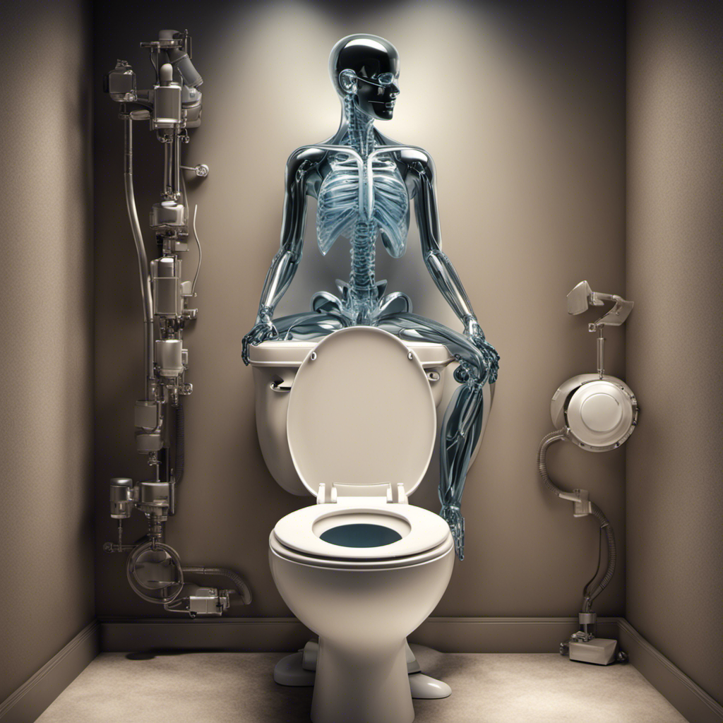 An image showcasing a person sitting on a toilet, with a clear depiction of urinary tract anatomy, emphasizing the mechanical benefits of the position