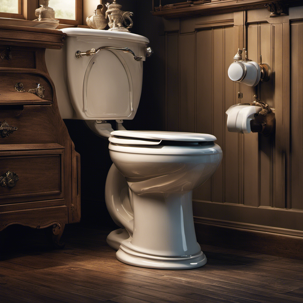 An image showcasing a close-up view of a malfunctioning toilet, with water continuously flowing into the bowl, accompanied by a perplexed homeowner looking at it with a furrowed brow