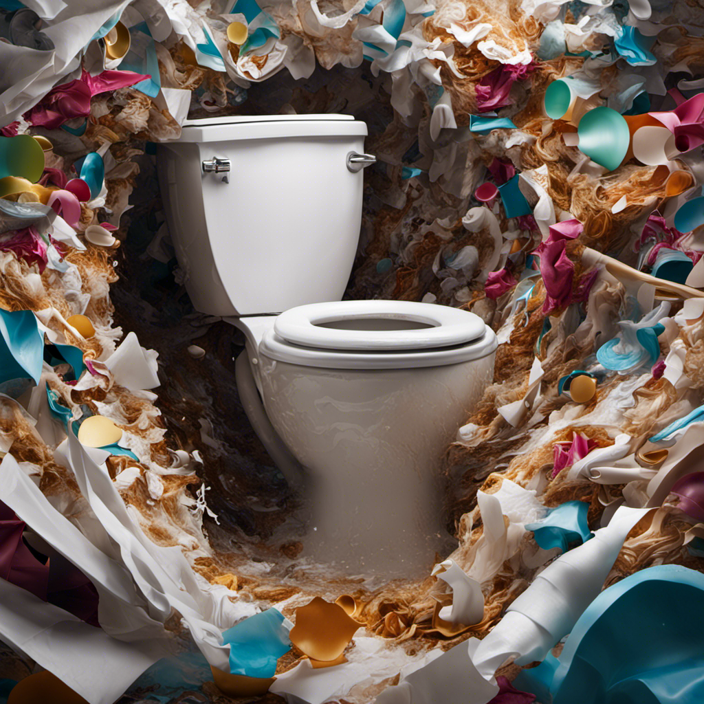An image of a clogged toilet with water spilling over the rim, surrounded by a chaotic swirl of tissue paper, hair, and unidentified objects, highlighting the frustration and mess caused by a toilet overflow