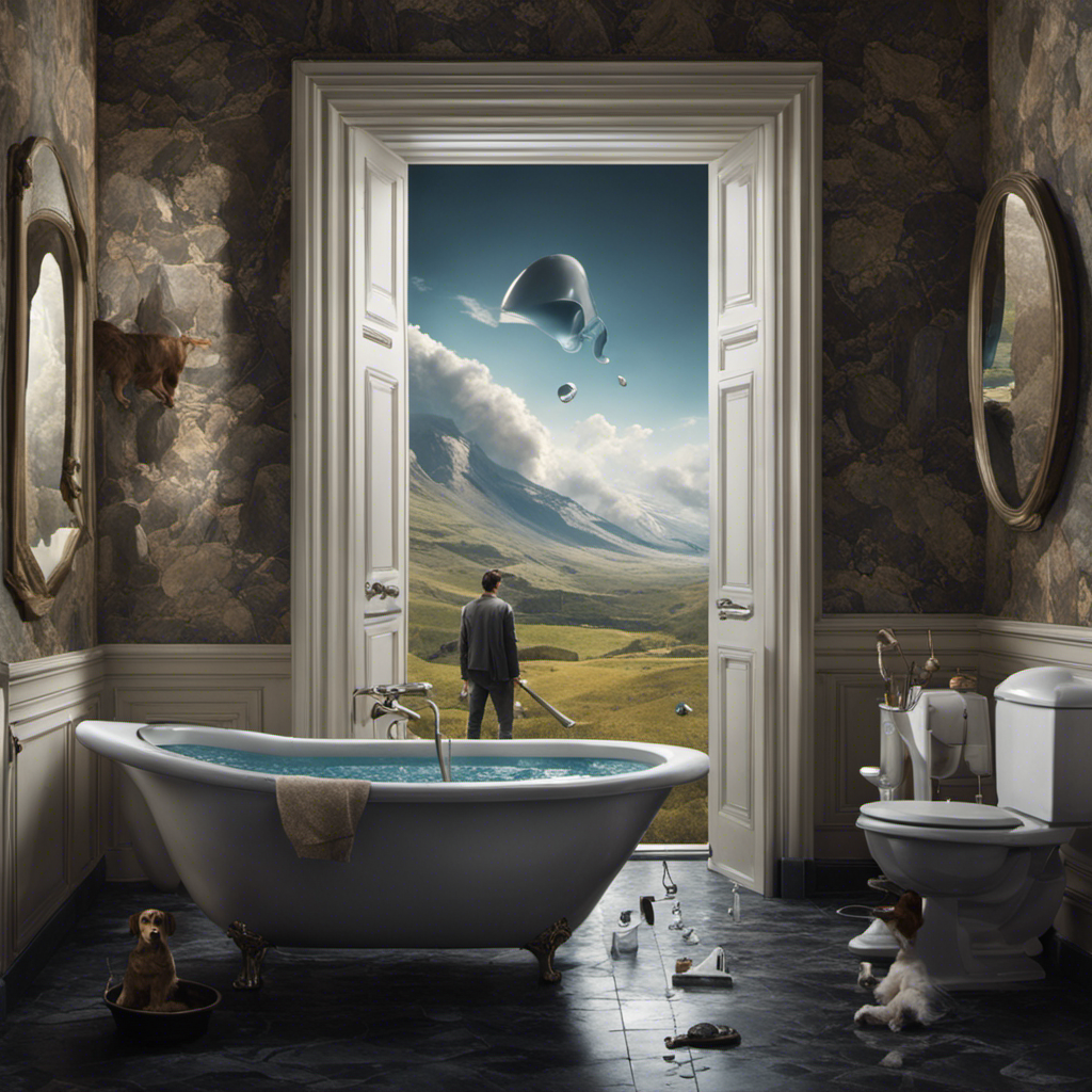 An image depicting a bathroom scene: a toilet with a constantly flowing tank, water droplets splashing, a perplexed person holding a wrench, and a puzzled pet watching curiously from the side