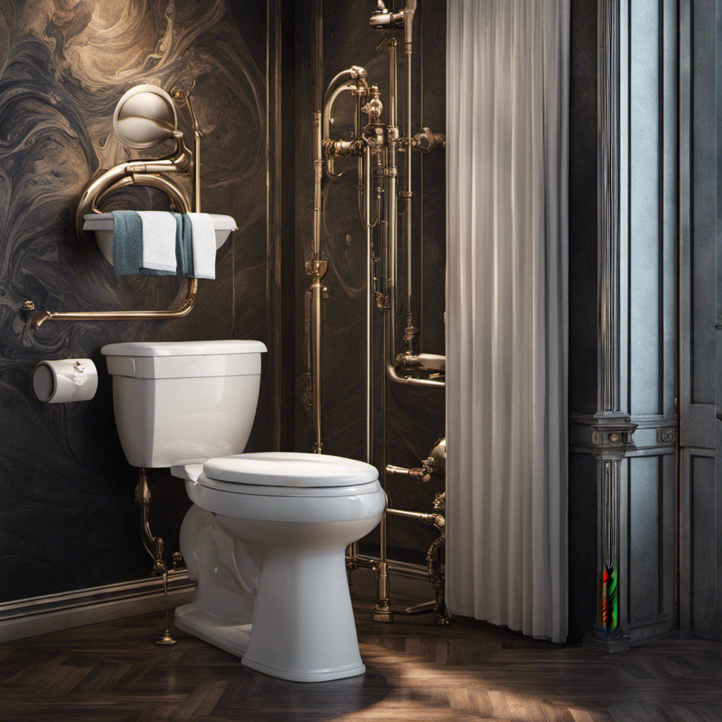 An image showcasing a bathroom scene with a toilet, pipes, and water