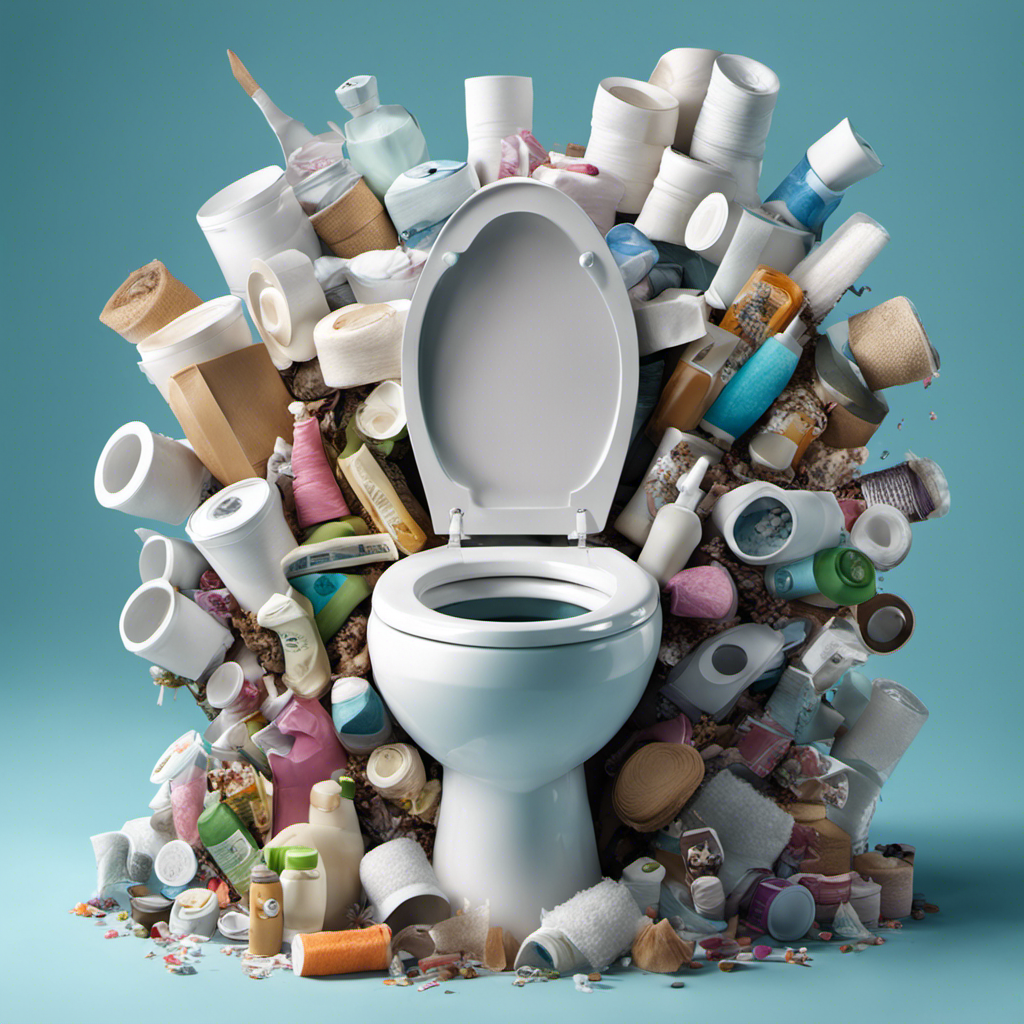 An image showcasing a toilet bowl filled with an assortment of common clogging culprits like excessive toilet paper, feminine products, hair, and foreign objects, illustrating why toilets frequently clog