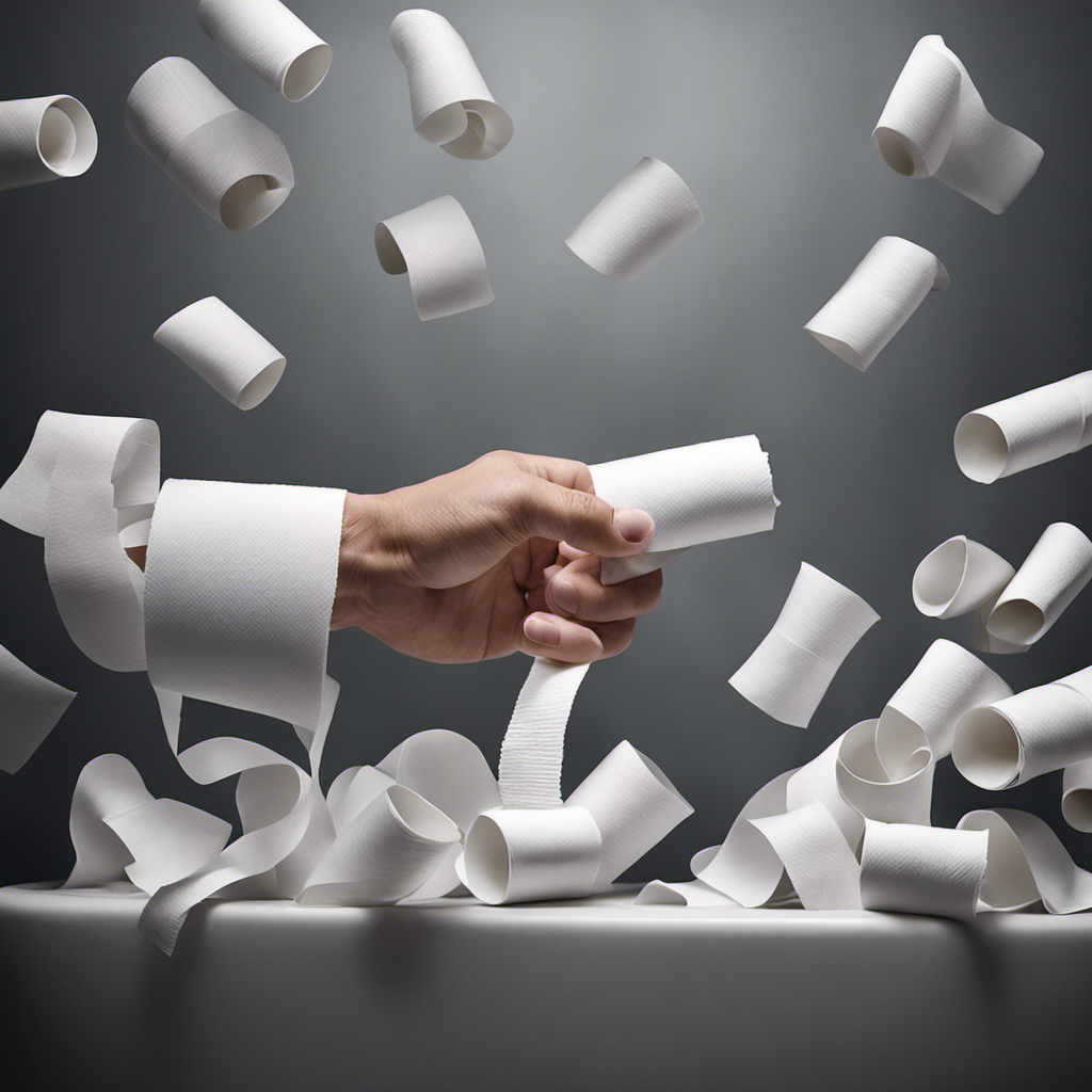 An image showcasing a close-up of a hand reaching out for toilet paper, visibly stuck between clenched fingers, while unrolled toilet paper trails behind, symbolizing the frustration of "Why Does Toilet Paper Get Stuck When I Wipe