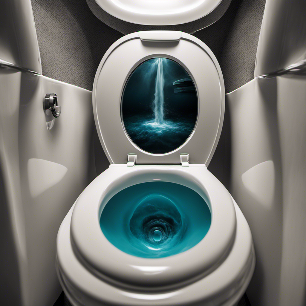 An image capturing a close-up view inside a toilet tank, with water rushing through a narrow valve causing turbulence, while a small whistling sound emanates from the pressure release, highlighting the intriguing phenomenon of a whistling toilet
