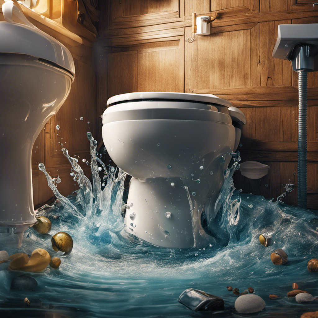 An image showcasing a close-up view of a clogged toilet, with water rising and overflowing, revealing various objects causing the blockage, while a frustrated homeowner looks on in confusion